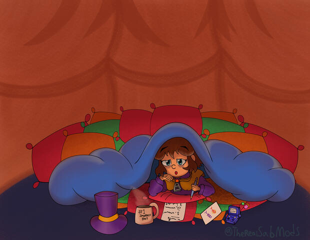 Hat Kid in her pillow hideout doing late night homework!