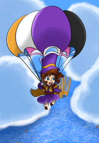 Hat Kid traveling across the skies using a parachute (ft: Trans and Non Binary flag colors!)